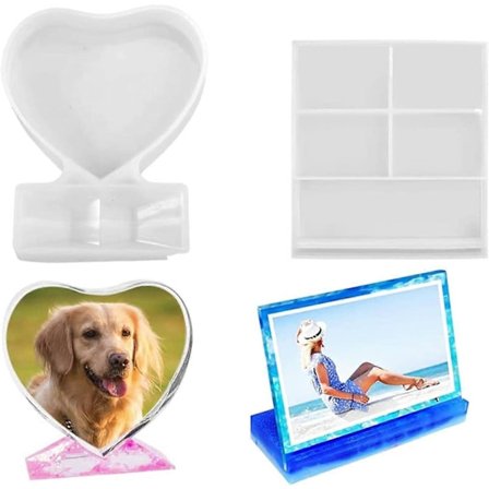 2025 Sopiva setti, 2 kpl epoksihartsi valokuvakehysmuotti, valokuvakoriste, sydän valokuva silikonimuotti, suorakulmainen valokuva