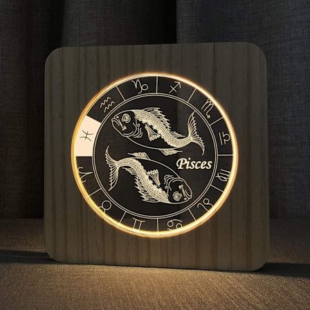 Puinen Yöpöytälamppu Horoskooppi Tähdistö 3D Illuusio Yövalo Makuuhuoneen Syntymäpäiväjuhlan Koristeluun (Kalat)