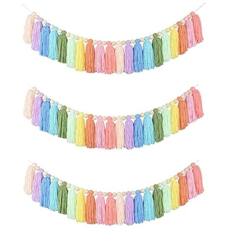 3 kpl Boheemi-sarjan sateenkaaren tupsu-koristeita Tupsu-bannerit puuhelmillä makuuhuoneen lastenhuoneen seinäkoristeluun