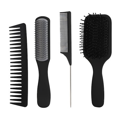 Hårbørste og kamsett - Flokefjerner, hårbørste, halekam, bredtannet kam - Stylingverktøysett - Svart