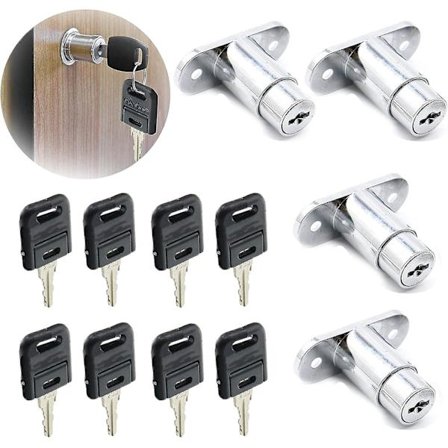 4 stk. skabslåse i zinklegering, skydedørslåse til vitrineskabe, arkivskabe, skuffer, skabe, skriveborde, møbler osv.