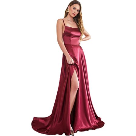 /EA/Satinbalklänning Dam Spaghettiband Split Brudtärnefestklänning