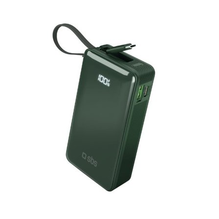 Powerbank SBS 10000 mAh 20W med innebygd USB-C-kabel og digitalt display - grønn