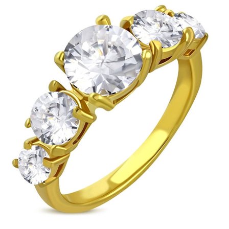 Guldpläterad Ring i Kirurgiskt Stål 316L i Guld Färg med 5 st Klara CZ Kristaller - Stl 17,32