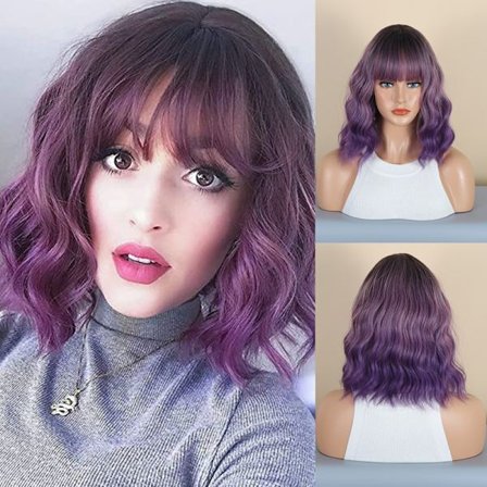 Naturligt syntetisk lila lockigt axellångt kort hårperuk