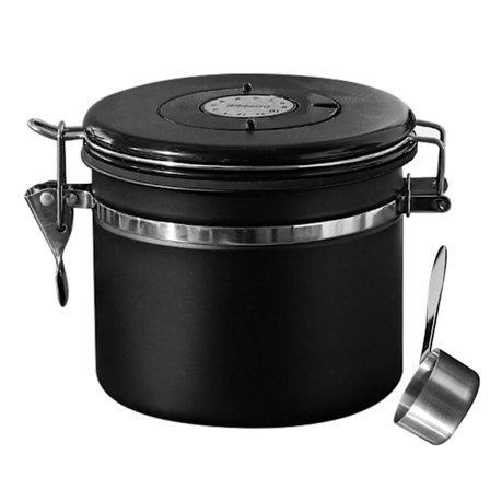 Ultimat kaffebönbehållare i rostfritt stål med sked/ventil/datum för hemmakök Svart 1.2L