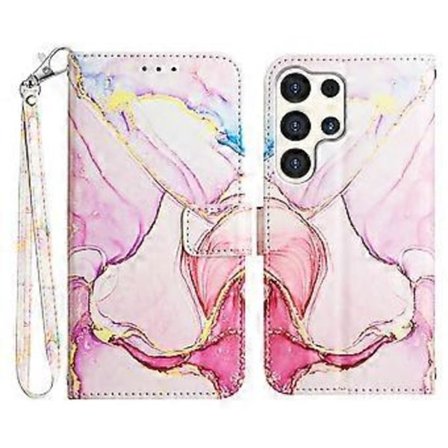 For Samsung Galaxy S24 Ultra Deksel med Stropp Marmormønster Lær Telefondeksel Kortholder (Rose Gold LS005)