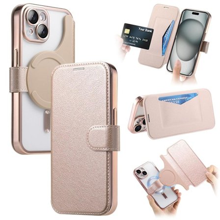 Kotelo iPhone 16 Plus -puhelimelle, ruusukultainen galvanoidulla magneettisella 2-in-1-nahkakotelolla, galvanoitu läpinäkyvä magneettinen läppä 2 in 1