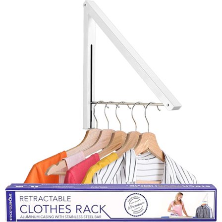 Yksinkertainen taitettava vaatetanko, seinään kiinnitettävä vedettävä vaateripustin pyykkikuivaukseen, ripustuskuivatuspuikko (valkoinen)