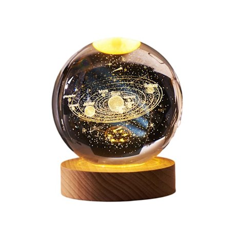 Krystalkugle Natlampe, LED Træbase 3D Solsystem Krystalkugle, Varmt Hvidt Lys USB Opladet Lysbase Natlampe med Blødt Lys