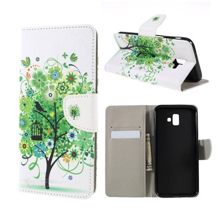 Samsung Galaxy J6 Plus beskyttelses deksel av syntetisk skinn med printet mønster og kryss tekstur - grønnt tre