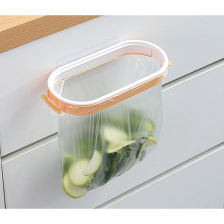 Oransje søppelposeholder hengende stativ under skap søppelbøtteport