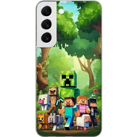 Kompatibel Mobilcover til Samsung Galaxy S22 5G Klodset pixeleret spilverden med grønne figurer og dyr i frodig skovmiljø