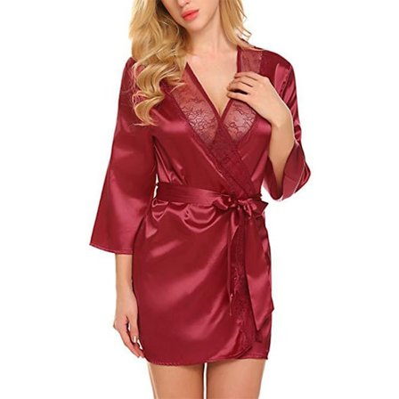 Kvinnor Satin Silk Nattlinne Bekväma underkläder Morgonrock Klänning red