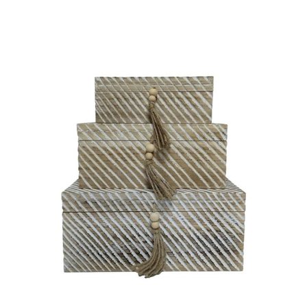 Puinen säilytyslaatikkosetti, 3 kpl, 38x25x17 cm, Luonnonvalkoinen