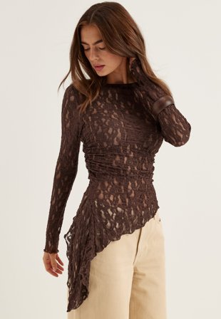 BUBBLEROOM - Asymmetric Lace Top - Brown