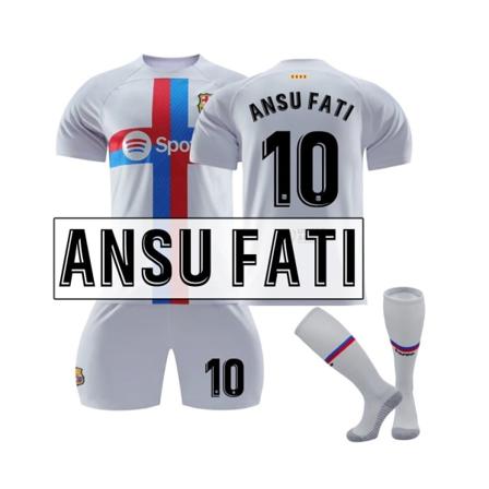 (FC Barcelona 2022/23 Stadium Third Jersey Ansu Fati No.10 Fotbollströja 3-delade kit för barn Vuxna lila 38