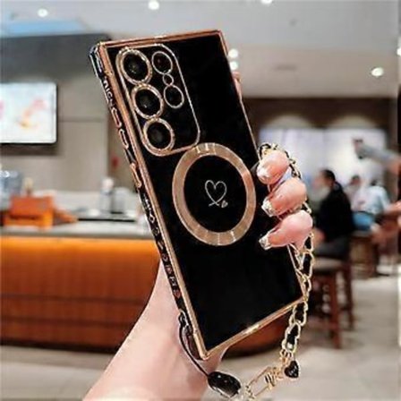 Kompatibelt deksel for Samsung Galaxy S23 Ultra, kompatibelt med MagSafe, elektroplettert TPU-telefondeksel med kjederem (svart)