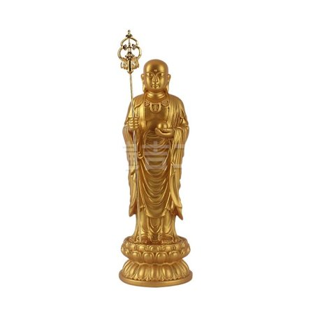 Gyllene Kṣitigarbha Bodhisattva Figur Skulptur – Stående Resin Staty av Munk på Lotusbas, Konstnärliga Buddhistiska Ornament för Heminredning, 