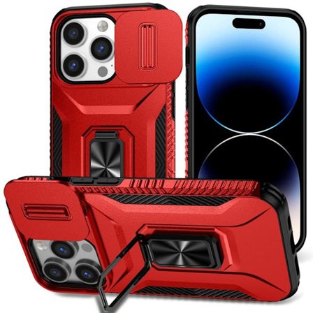 iPhone 14 Pro Case Kickstand Slide Lens Cover - Red