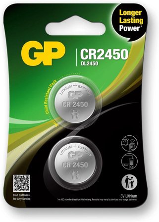 GP Lithium Cell Battery CR2450, 3V, Safety Seal, 2-pack