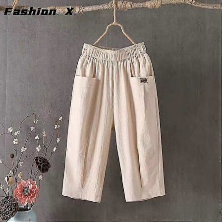 Lös sommarbyxa i linne för damer med resår i midjan, Harembyxor, sommarbyxor för damer