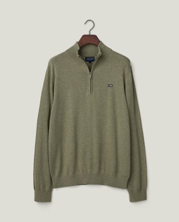 Lexington Sweater i bomuld med halv lynlås, grøn