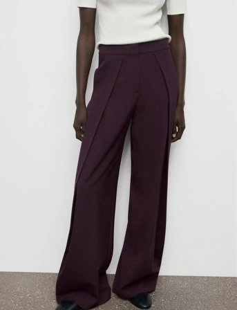 Mango Pleated Wide Leg Trousers - Burgundy - 36