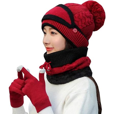 Hatt, hansker, skjerf og ansiktsmaske-sett for kvinner, damer og jenter - Strikket Beanie