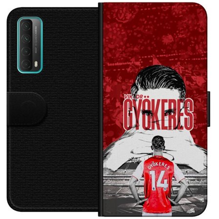 Kompatibelt Lommeboketui til Huawei P smart 2021 Rød dramatisk kollasjebilde med Viktor Gyökeres portrett og spillere fra bak på arenaen