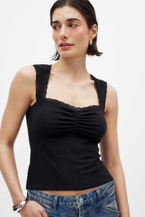 NA-KD Rib Lace Detail Top - Ærmeløse toppe - Sort - XS