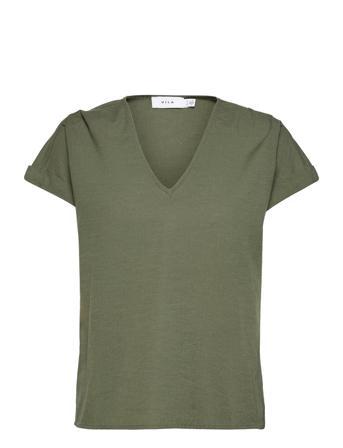 Vichellie V-Neck S/S Top T-shirt Top Khakigrønn Vila