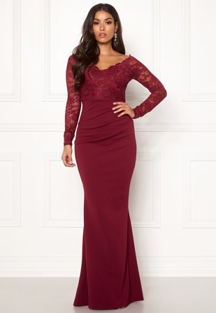 Goddiva - Lace Trim Maxi Dress - Wine - Kläder - - Bubbleroom