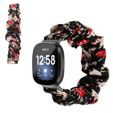 Fitbit Versa 3 / Sense hair band fabric klockarmband - svart / röda blommor