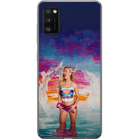 Kompatibel Mobilcover til Samsung Galaxy A41 Blond kvinde i farverigt strandtøj, der leger i havet ved solnedgang