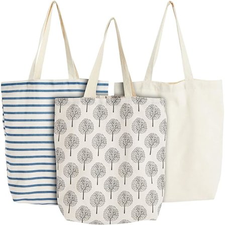 Bomuldsindkøbsposer (sæt med 3) - Robuste Tote Bags med håndtag - 3 forskellige designs - Stofposer til indkøb, transport