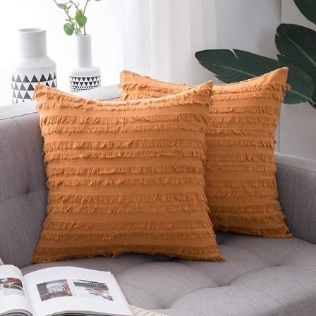 Wekity Sett med 2 Dekorative Boho Putesett Lin Stripete Jacquard Mønster Putetrekk for Sofa Stue Soverom 18x18 Tommer Oransje