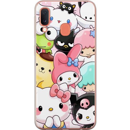 Kompatibelt Mobildeksel til Samsung Galaxy A20e Tett mønster av søte figurer med store øyne i ulike farger og uttrykk med LABUBU-tekst