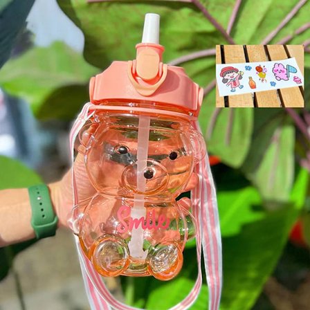 1000ml drikkeflaske, søte bjørnevannflasker, drikkeflaske med stor kapasitet, med sugerør og stropp (rosa)