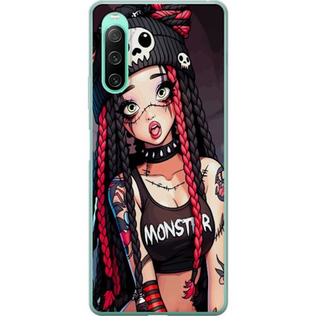 Yhteensopiva Puhelinkuori Sony Sony Xperia 10 IV Goottilainen hirviötyttö kuvitus punottu hiukset, pääkallo lippalakki ja punk-tyyli värikäs tum