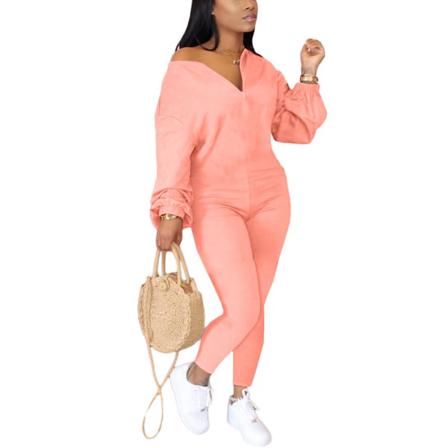 Dam V-hals Lykta Ärmar Romper Enfärgad Skinny Jumpsuits