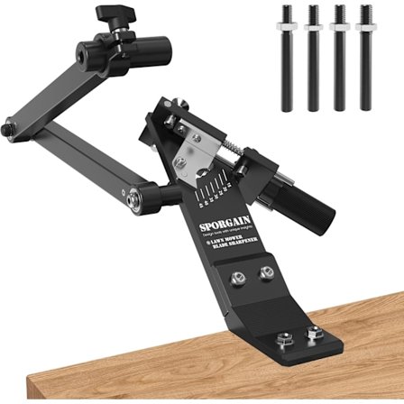 Ruohonleikkurin terän teroitin 15°-45° säädettävä runko kuulalaakeroidulla kahvalla oikea- ja vasenkätisille terille, musta