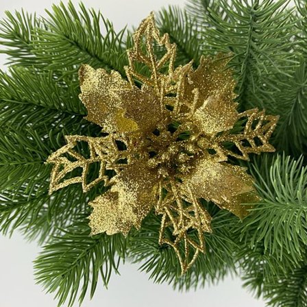 10 stk. Jule Sølv Glitter Mesh Kristtorn Blad Kunstige Julestjerner Blomster Plukker Trepynt 15 cm B for Sølv Juletre Krans