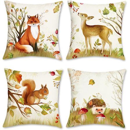 Skovdyr Pudebetræk 45 x 45 cm Hjort Ræv Efterår Dekorativt Pyntepudebetræk til Sofa Seng Hjem Børneværelse Sæt med 4