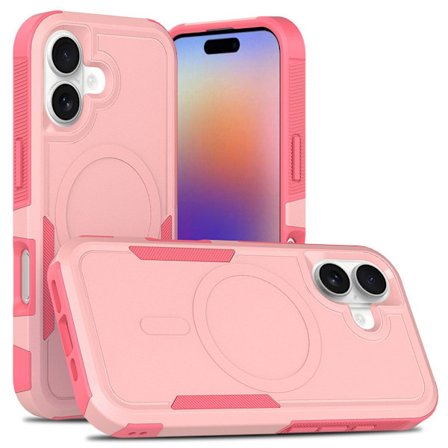 Kompatibel med iPhone 16 plus, magnetisk etui med polstrede hjørner, brudsikker, lyserød.