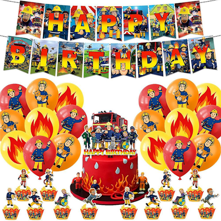 Brannmann Sam-tema Bursdagsfest Dekorasjonstilbehør Ballonger Banner Kake Topper Sett Kit (FMY)