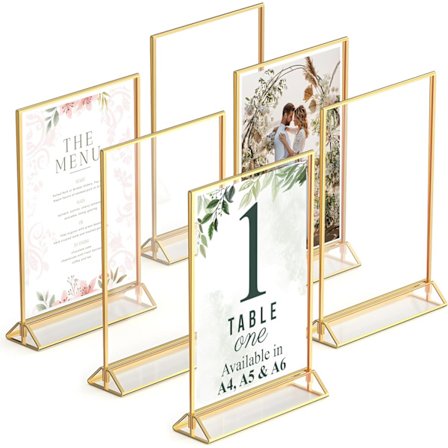 Guld Fotoramar Dubbelsidiga - 6 Pack - A5 Akryl Guld Bordsnummerhållare, Genomskinliga Staffli Bordsställ för Skyltar
