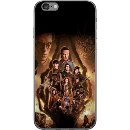 Yhteensopiva Puhelinkuori Apple iPhone 6 Ryhmäpotretti Stranger Thingsin sankareista, joissa on tumma fantasiaympäristö ja uhkaava olento taustalla