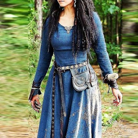 Blå middelalder renæssance maxi kjole til kvinder, vintage langærmet elver gotisk vikinge kostume L