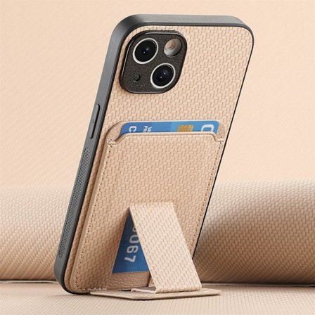 Fodral för iPhone 13 Mini Khaki Aprikos multi-vinkel fäste kolfibertextur kortinsättning skal f